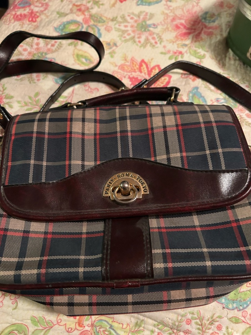 Plaid Satchel with Burgundy Leather Trim and Gold Turn-Lock